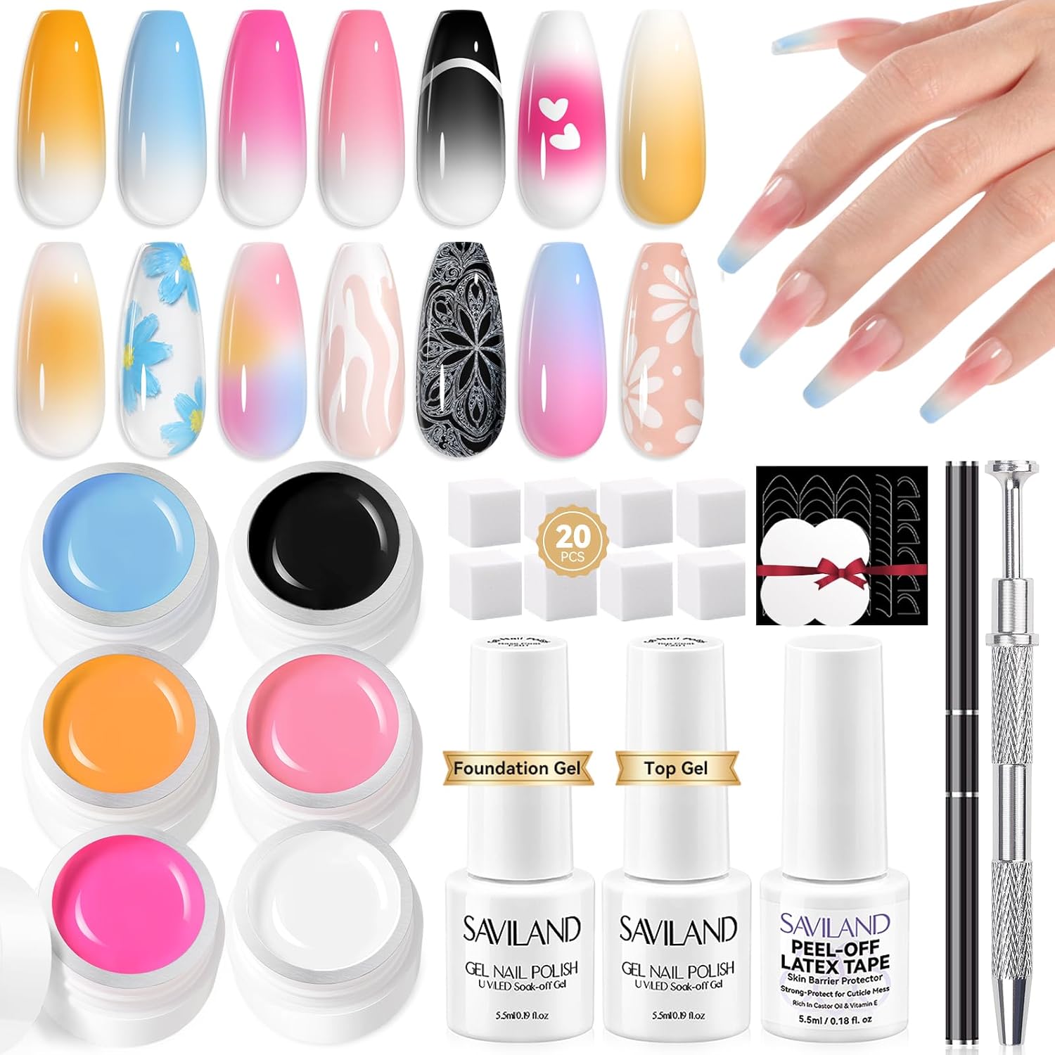 SAVILAND Ombre Gel Nail Polish Kit: 6 Colors Painting Gel with Nail Sponges Gradient Blush Effect Solid Gels Polish French Tip Tools Nail Art Design Cream Gels Nail Polish for Salon & Home DIY