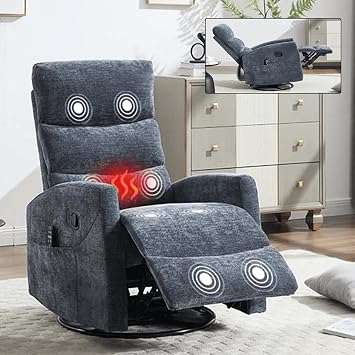 Massage Rocker Swivel Recliner Chair with Heat, 360Swivel Recliner with High Back, Nursery Glider Chair with Side Pockets for Living Room Small Spaces Blue+Fabric, with Massage Function