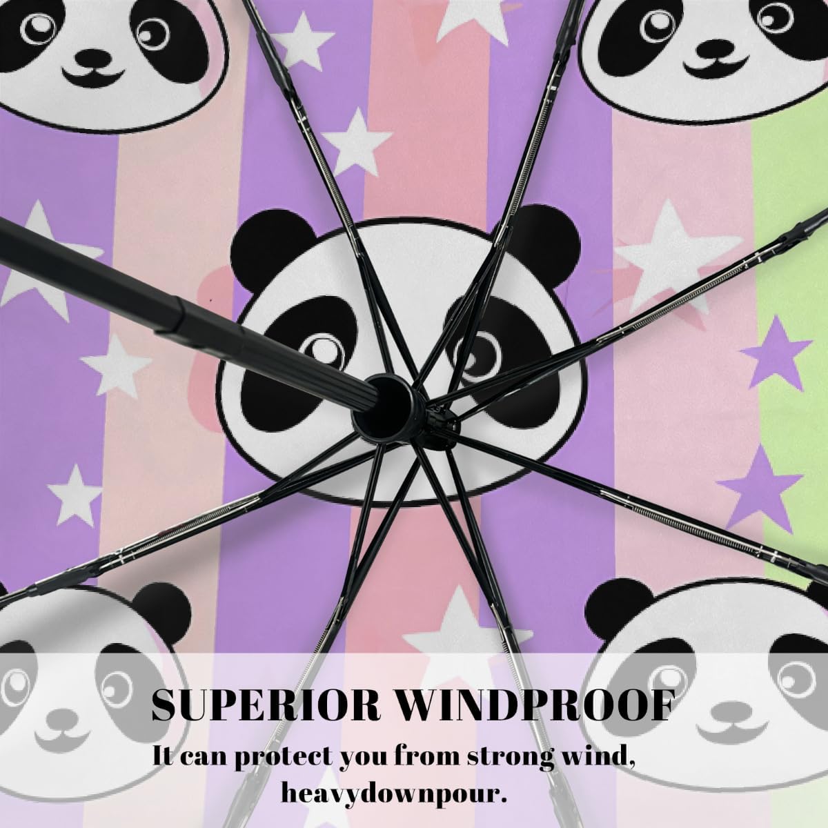 Animal Panda Stars Stripe Folding Umbrella Windproof Compact Lightweight Travel Umbrella with 8 Reinforced Ribs, Portable UV Sun & Rain Protection for Men & Women