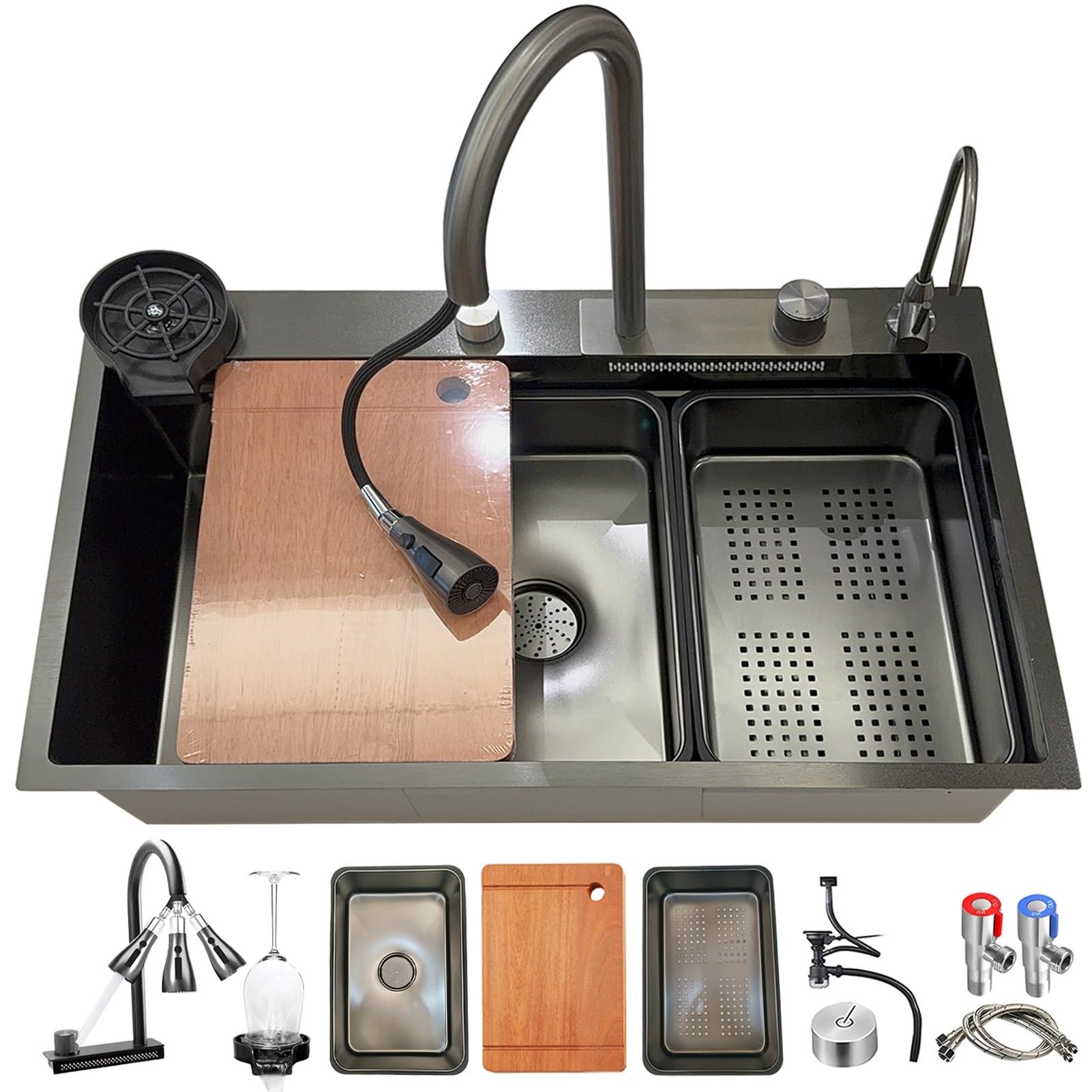 HYSOPSPX Single Bowl Sink Stainless Steel, Waterfall Workstation Kitchen Sink, Home Utility Multifunctional Farmhouse(Black,80x50cm)