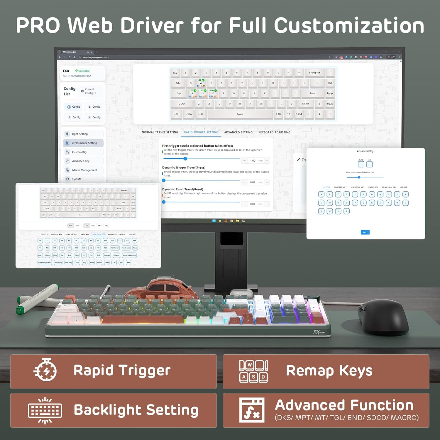 Screenshot of the PRO Web Driver interface showing options for Rapid Trigger, Remap Keys, Backlight Setting, and Advanced Functions