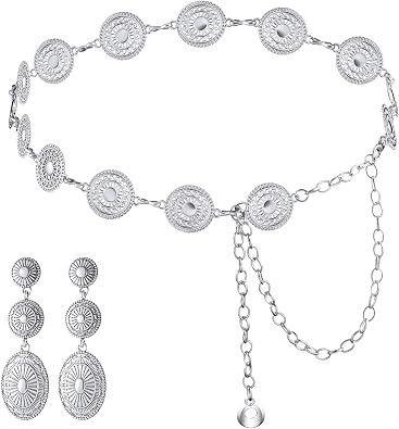 Bohemian Concho Chain Belt and Earrings Set for Women, Adjustable Western Belt 23.544.5 Inch with Lightweight Drop Earrings for Wedding, Party, Date, Festival, Concert, Anniversary