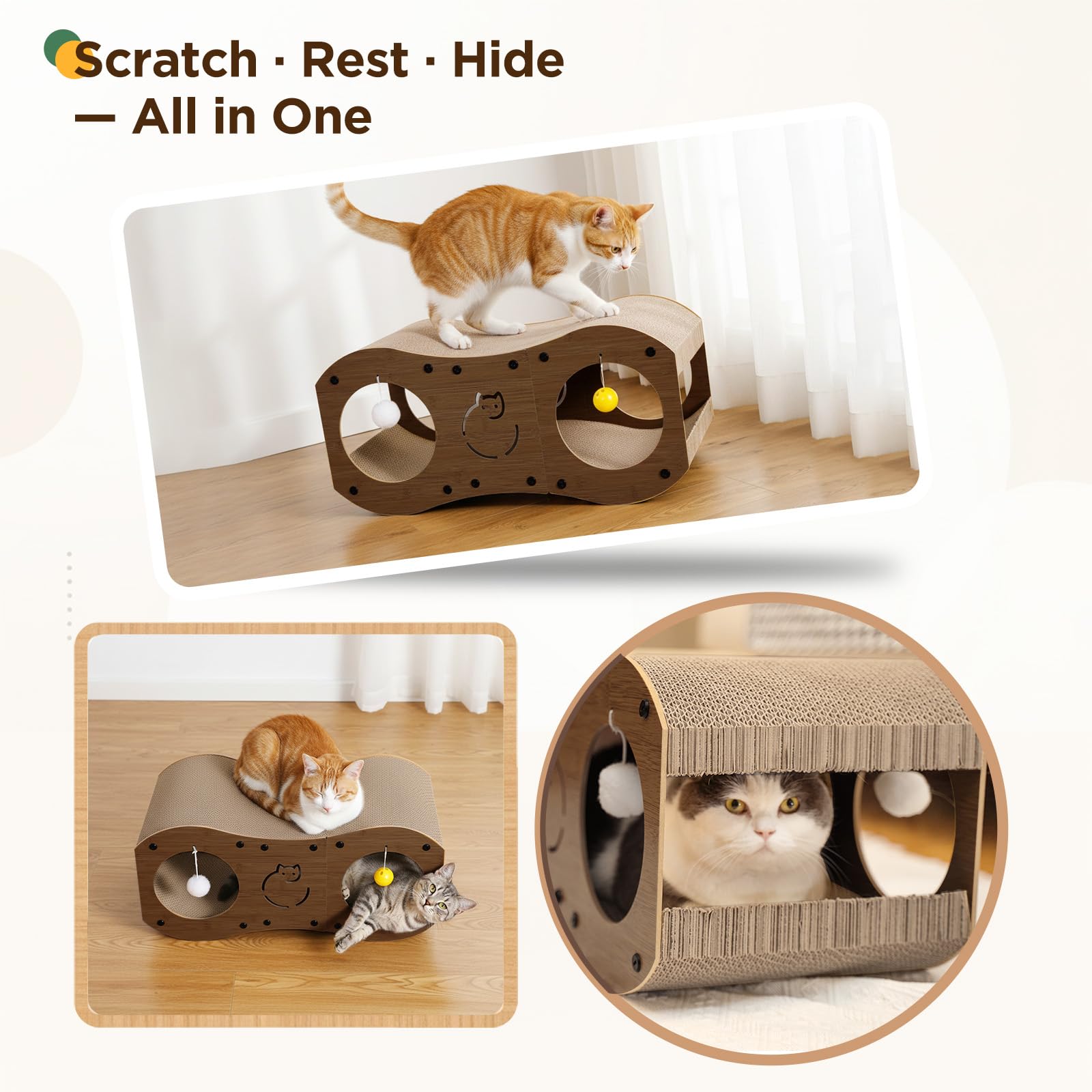 Gimars Griffoir Chat en Carton 3-en-1 avec Tunnel, Griffoir en Carton pour Chats avec Balles, Protection des Meubles, Style Bois (Noyer)