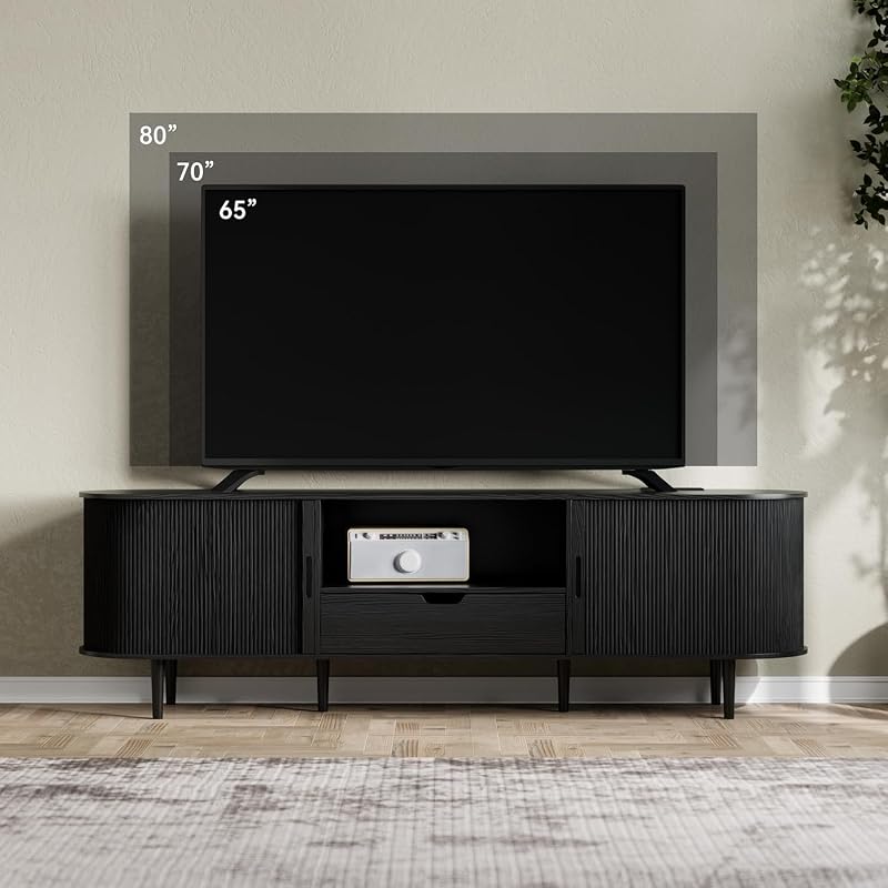 DHH 71" Fluted TV Stand with Power Outlet for TVs up to 80", TV Console with Adjustable Shelves and Sliding Door,Mid Century Modern Entertainment Center for Living Room,Bedroom(Black) image 3