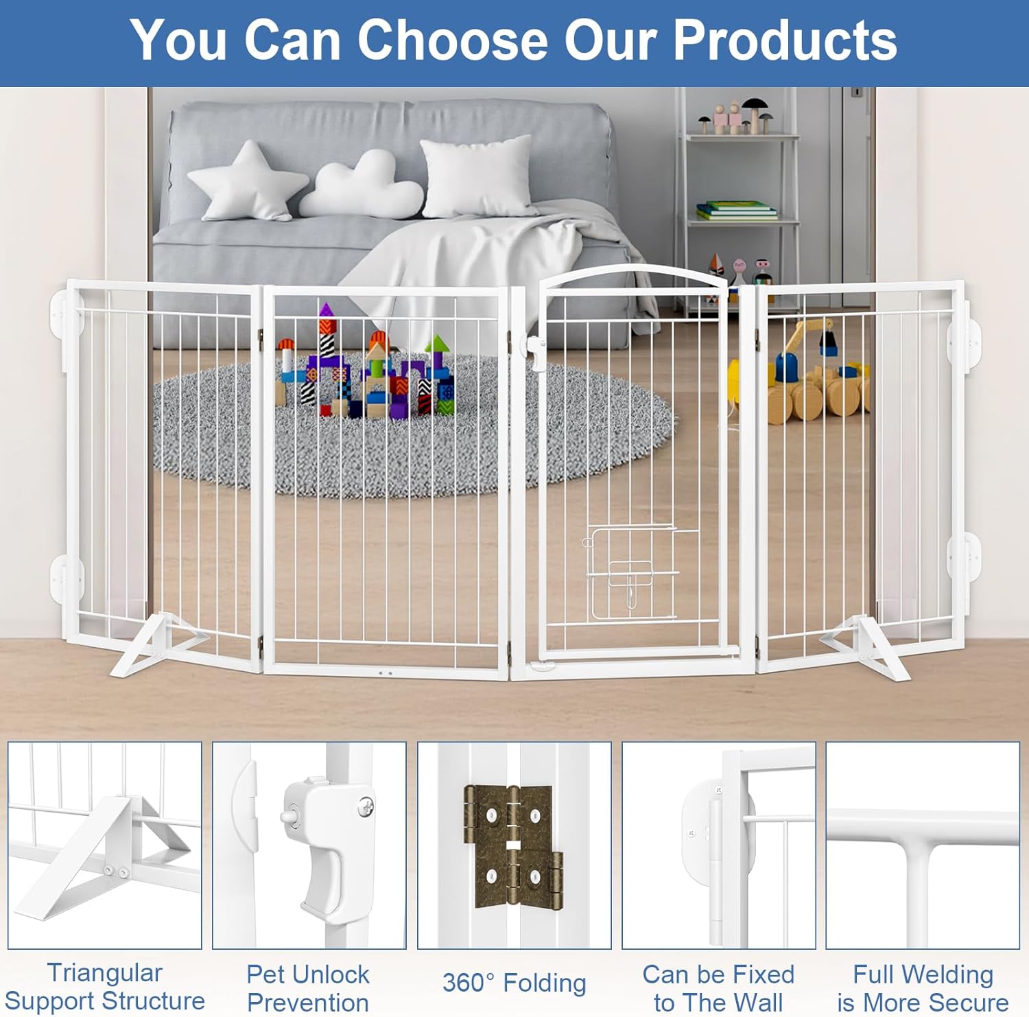 Metal Free Standing Dog Gate with Cat Door for Indoor/Outdoor,80" Extra Wide Foldable Pet Gate,32" Tall Foldable Indoor Dog Fence for Large Openings Stairs,Deck,Yard,Doorways(4 Panels,White)