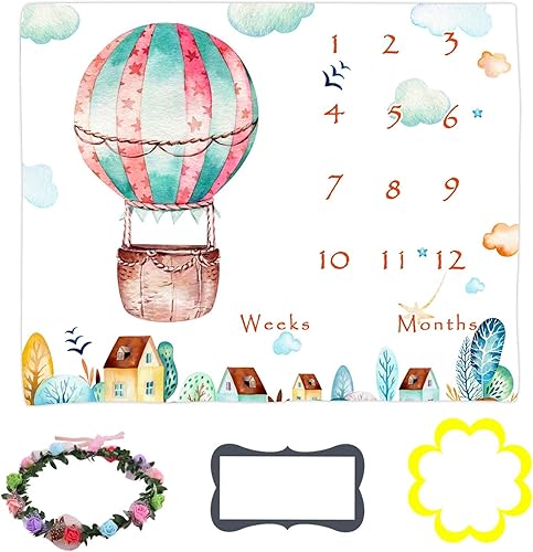 Miniatura 2 de BTMLLY74 - Manta mensual de hitos para bebé, globo aerostático de dibujos animados de ciudad, manta de memoria de 48 x 40 pulgadas, manta de
