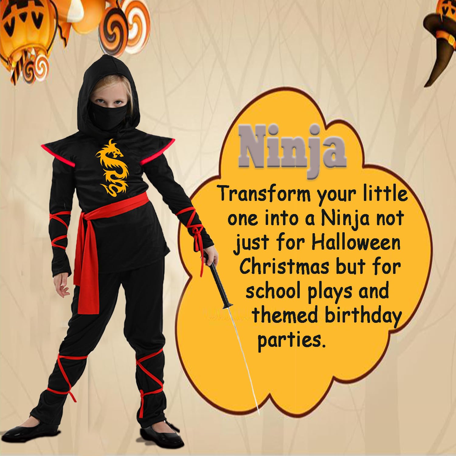 SATKULL Halloween Ninja Costumes for Kids Girls Ninja Costume Set Halloween Ninjas Party Dress Up(Kids-S-4/5T Black) - Image 3