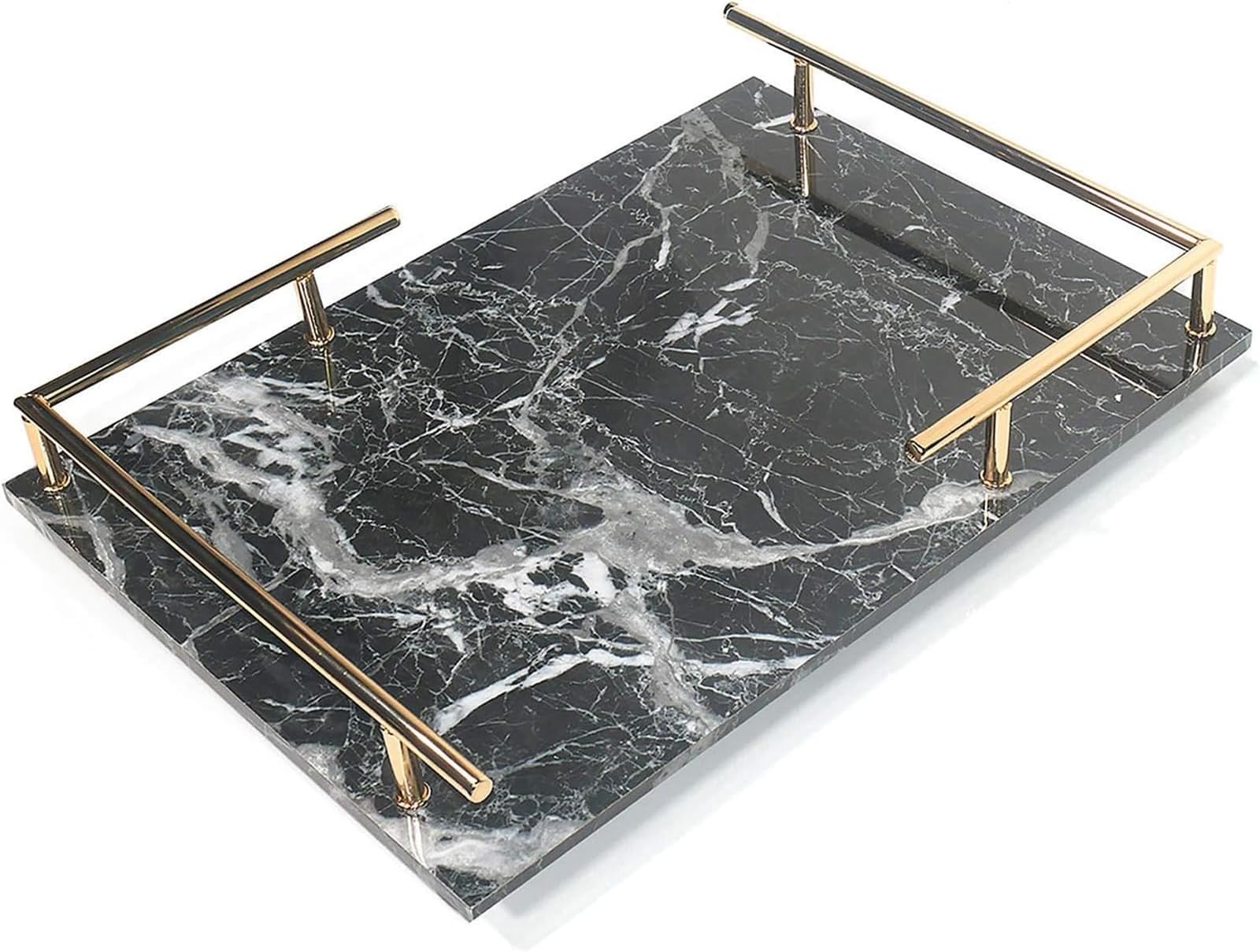 PuTwo Decorative, MDF Marble Print, Handmade, Perfume, Jewelry Gold Metal Handle, Trinket, Catchall Tray for Dresser Bathroom Vanity Table-Black, 42307.3 cm