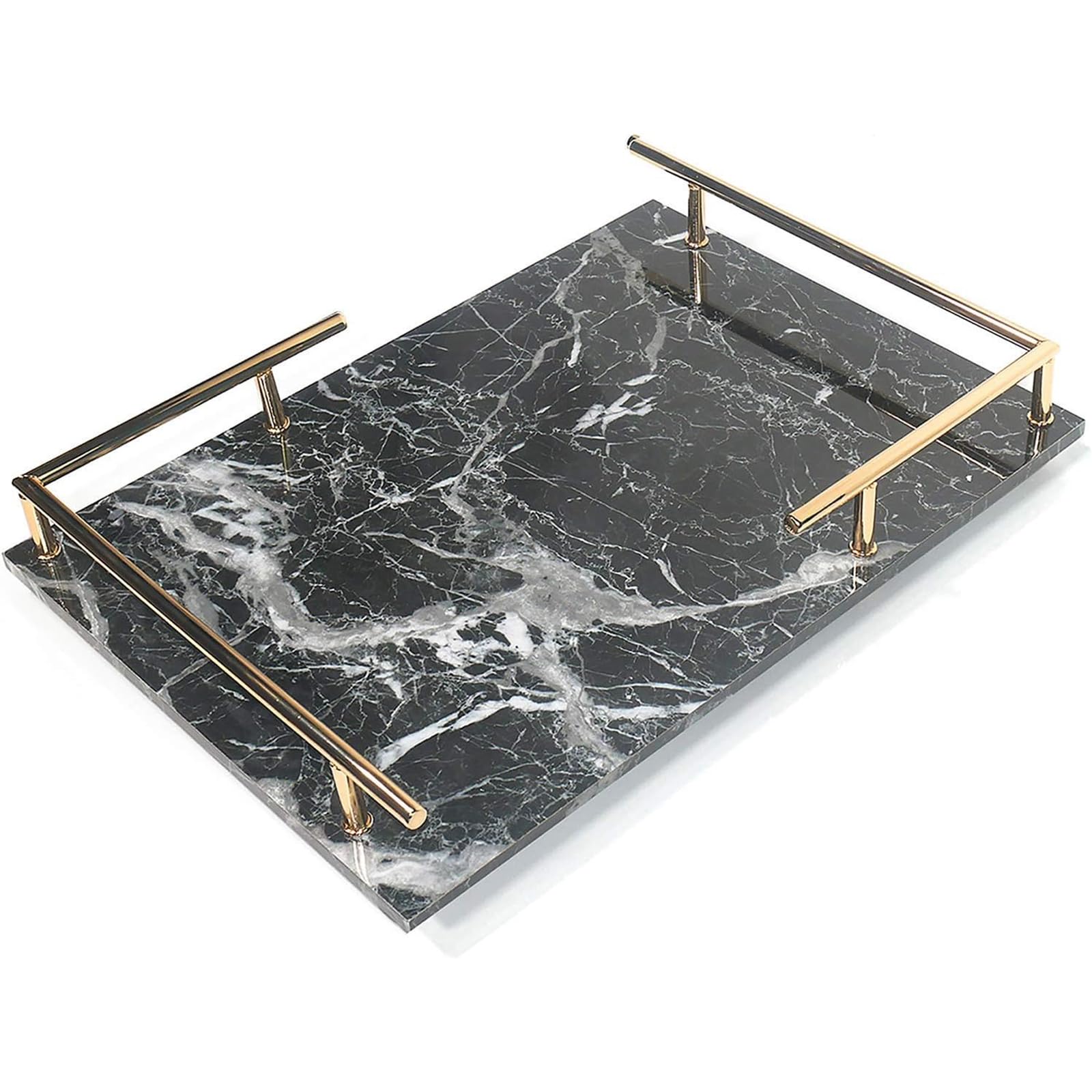 PuTwo Decorative, MDF Marble Print, Handmade, Perfume, Jewelry Gold Metal Handle, Trinket, Catchall Tray for Dresser Bathroom Vanity Table-Black, 42307.3 cm