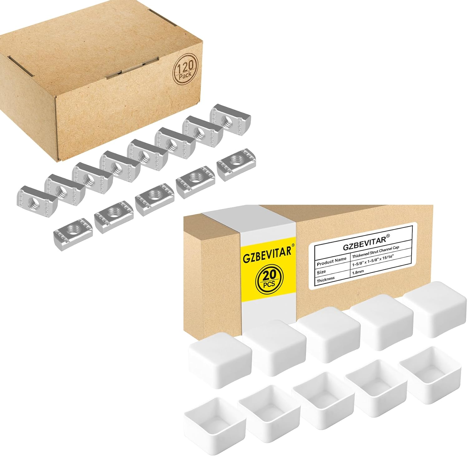 Strut Channel Nuts 1/2"-13 No Spring - 120 Pcs, White Strut Channel Caps - 20 Pack