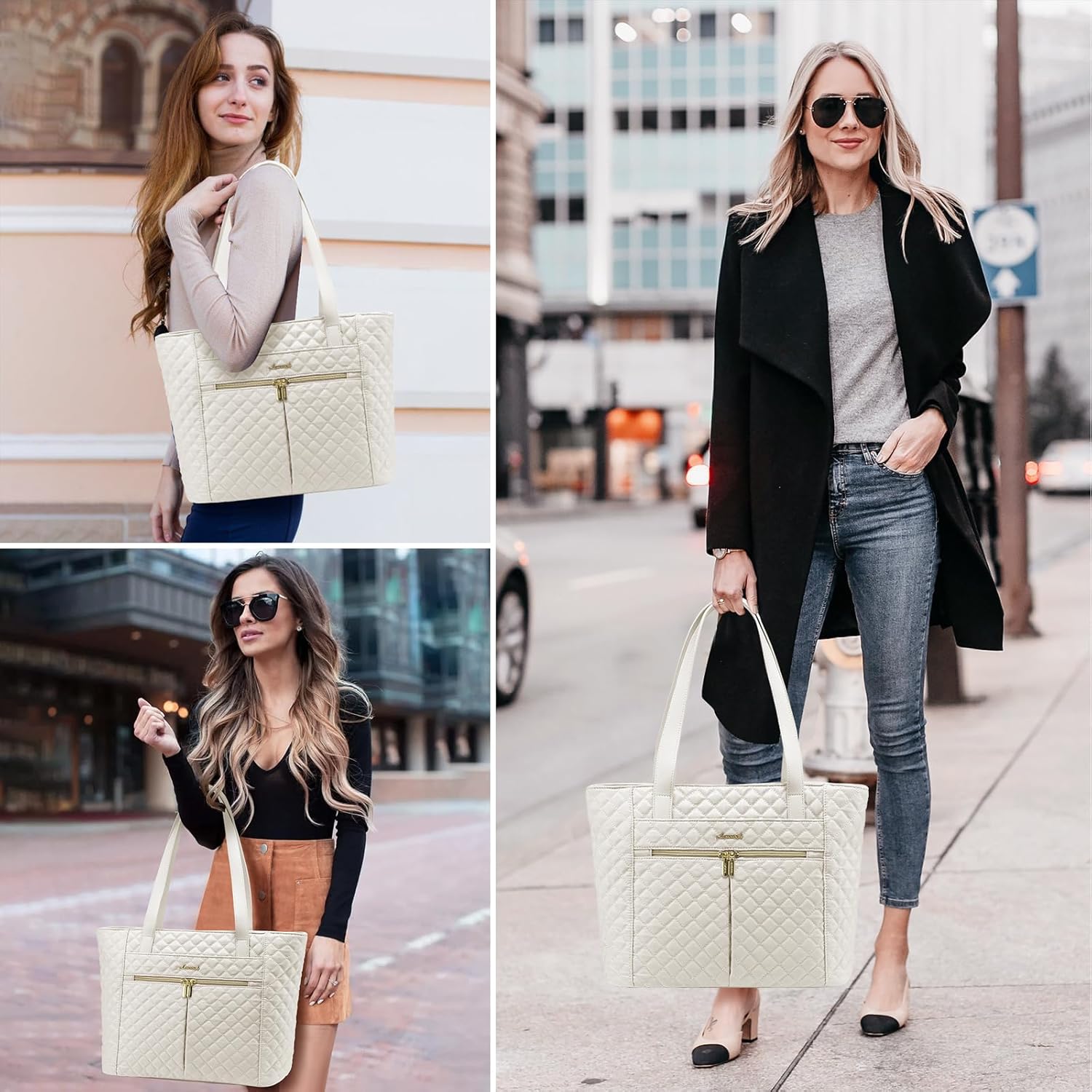 LOVEVOOK Laptop Bag for Women 17 inch,Diamond Quilted Work Tote Bags Womens Laptop Tote Bag Computer Shoulder Bags,Stylish Travel Tote Bags Laptop Purse Briefcase Handbag with Clutch Purse,Off-white - Image 2