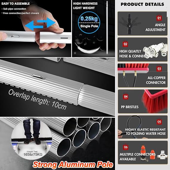 Telescopic Cleaning Brush, 3m - 13.6m Telescopic Hydrocleaner, Water Powered, Soap Dispenser, Cleaning Solar Panels, Window Cleaning Kit, Washing Trucks, Bus, Cars (55cm Brush,8.5m)