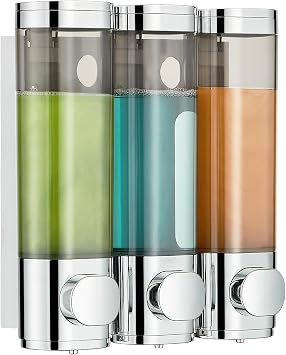 modunful Shower Dispenser 3 Chamber No Drill Shampoo Dispenser for Shower Wall Mounted Shampoo Conditioner Body Wash for Bathroom,Large Capacity,Chrome