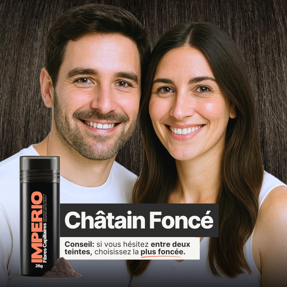 IMPERIO Fibre Capillaire Pour Épaissir les Cheveux & Cheveux Volumineux en Secondes. Poudre Densifiante Cheveux pour un Look Authentique. 100% Naturel! Qualité Salon - 26g (brun foncé)