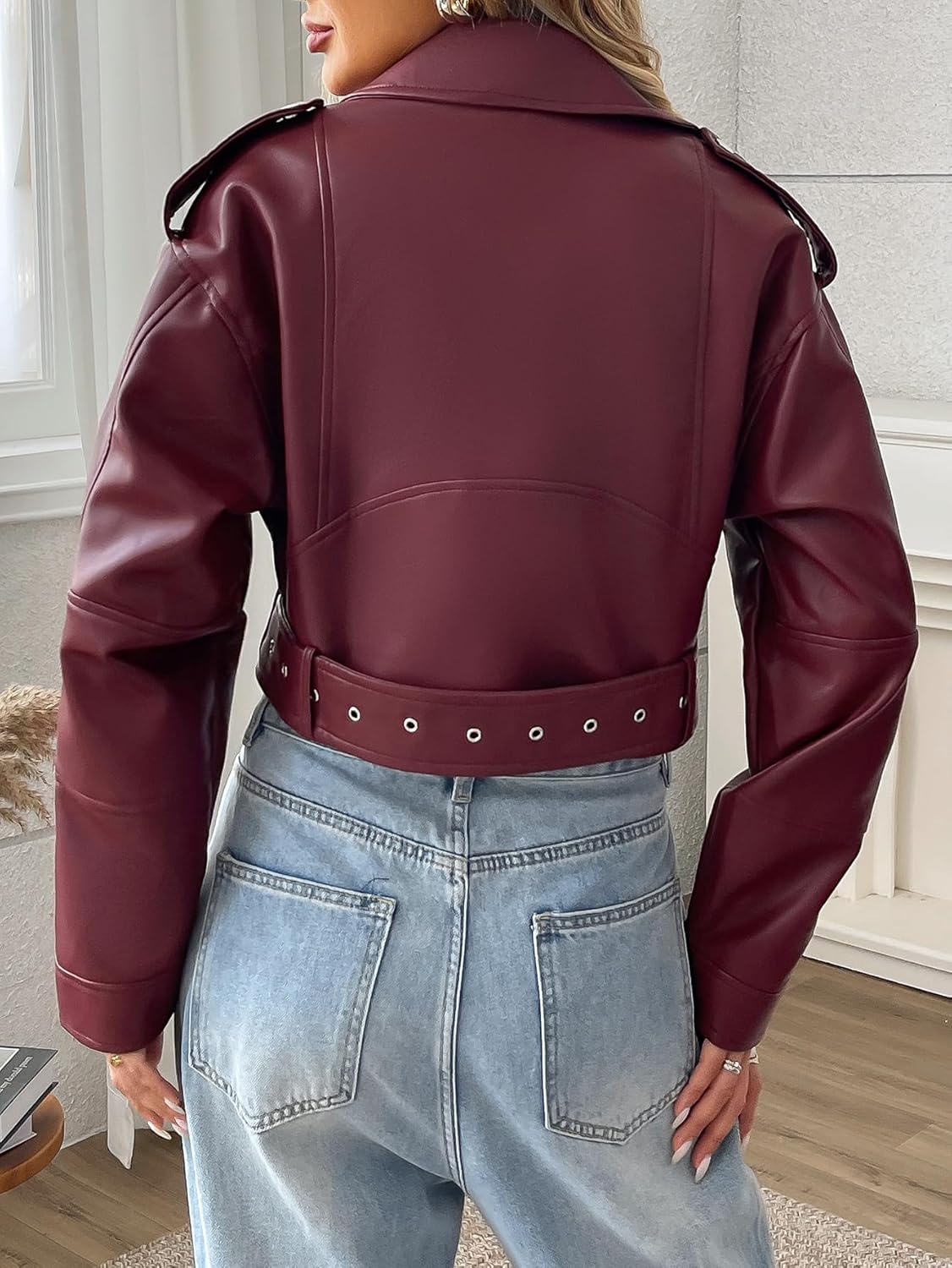 LY VAREY LIN Women Faux Leather Cropped Jacket Vegan Motor Biker Coat with Belt - Image 7