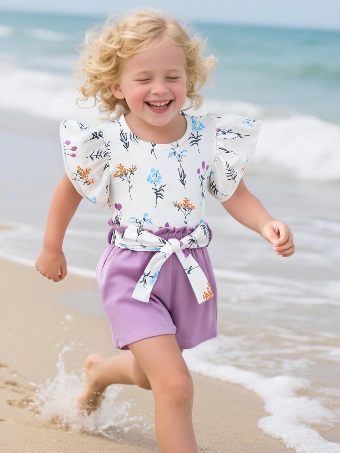 3-8T Toddler Kid Girl Outfits Clothes Ruffle Short Sleeve Floral T-Shirt Top Summer Shorts with Belt - Image 7