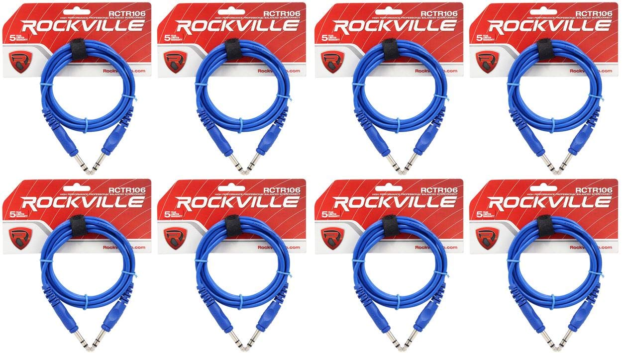Rockville RCTR106BL 6 ft 1/4 in TRS to 1/4 in TRS Balanced Cable, Blue, 100% Copper Construction for Clean Audio Signal Transfer, 8-Piece