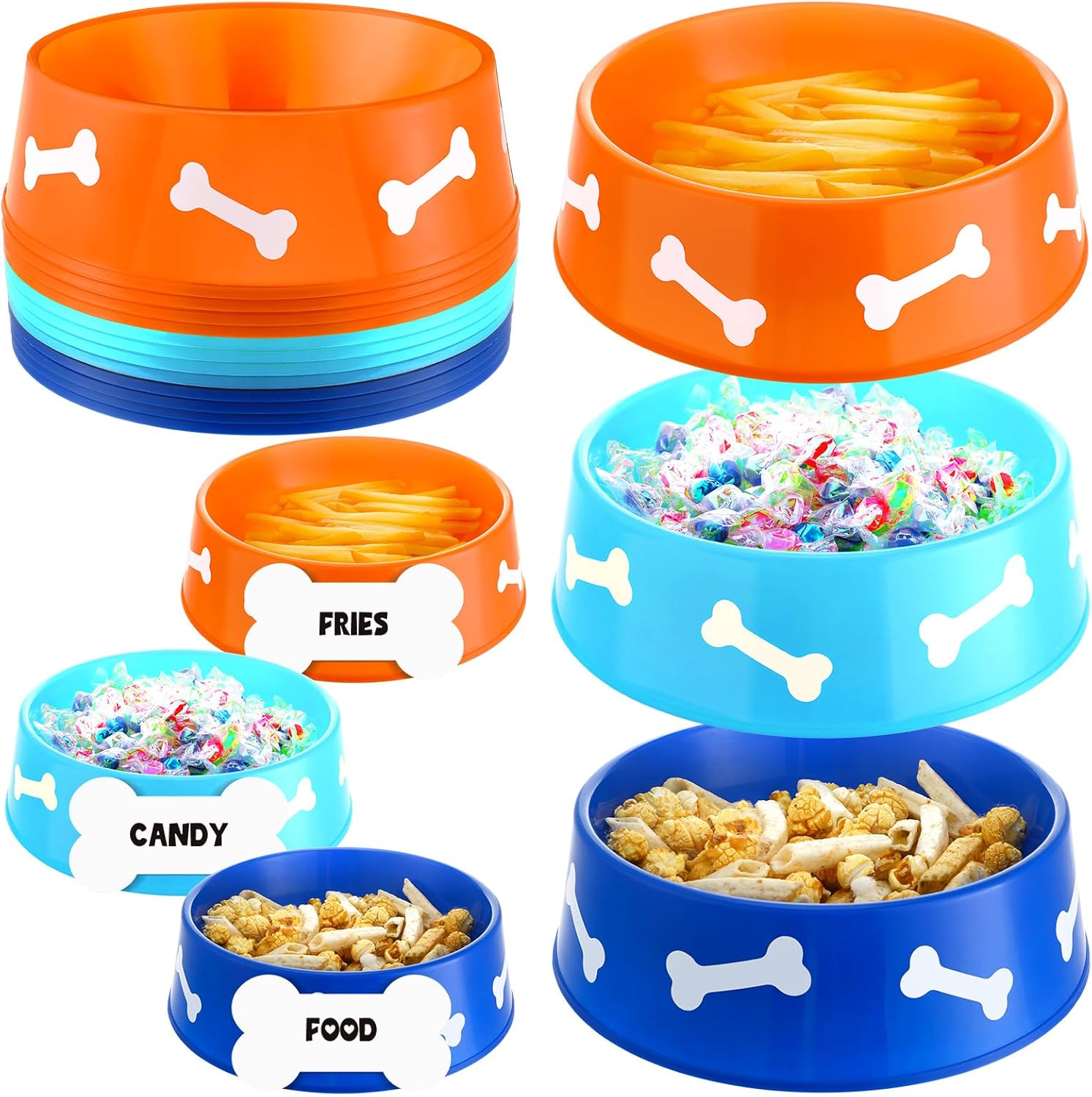 12 Pack Dog Paw Plastic Bowls Dog Theme Birthday Decoration Party Supplies Blue Yellow Snack Bowls Plates Puppy Food Trays with Bone Cards for Party Favors Table Centerpieces(Light Blue)
