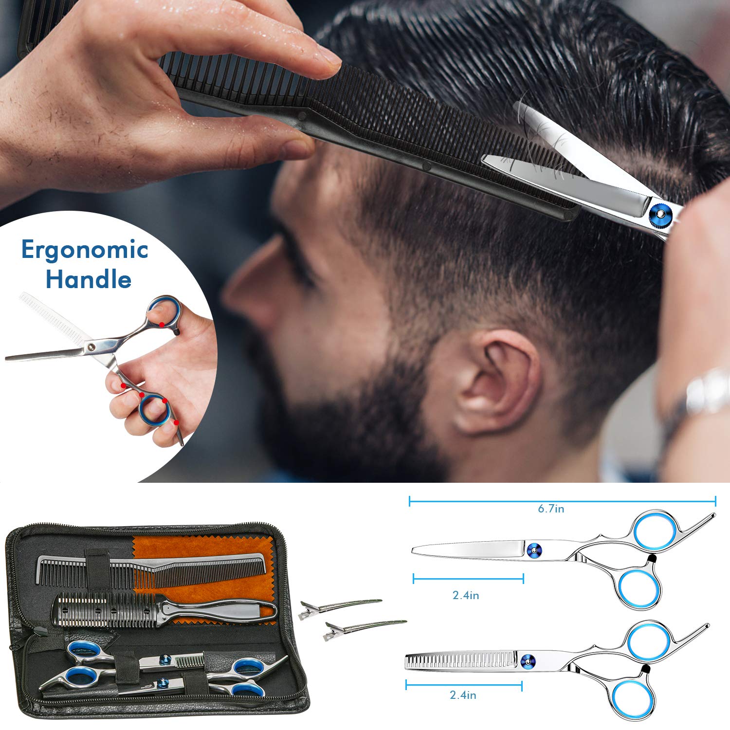 Hair Cutting Kits Shears Scissors Hair Cutting Set, Portable Home Haircutting Barber Salon Thinning Shears Kit with Comb,Clips and Case for Men/Women(Silver) : Beauty & Personal Care