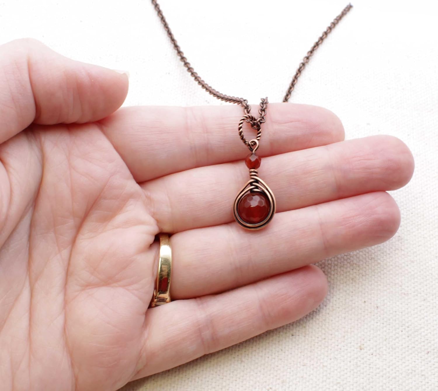 Pillar of Salt Studio Handcrafted Red Carnelian Small 1" Pendant Copper Wire Wrapped Necklace (18" Chain)