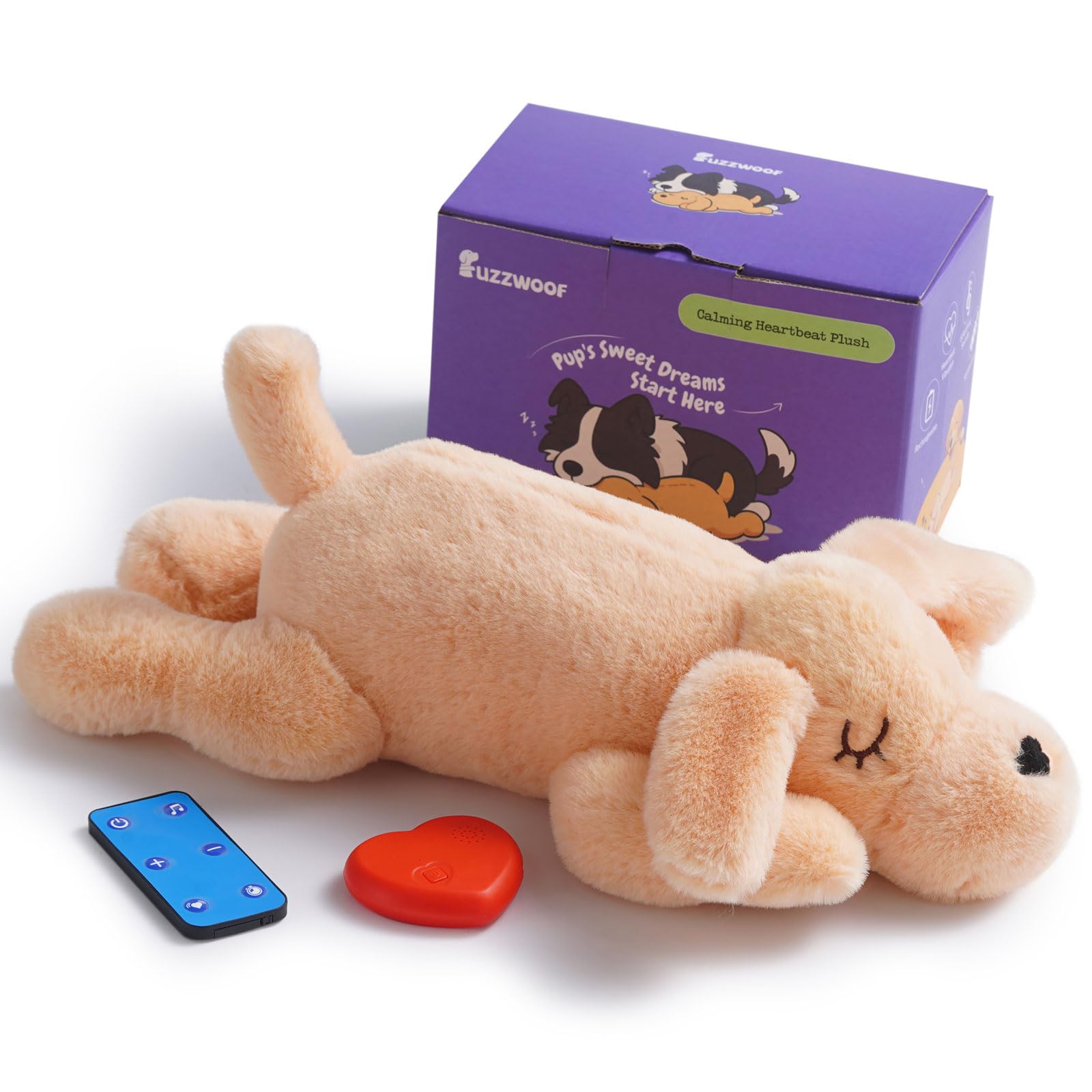 Fuzzwoof Ferngesteuertes Herzschlag-Hundespielzeug, 8-Sounds & Herzschlag-Simulation Plüschspielzeug für Welpen, Schlafhilfe & Angstlinderung, Kistentraining, wiederaufladbarer beruhigender Begleiter