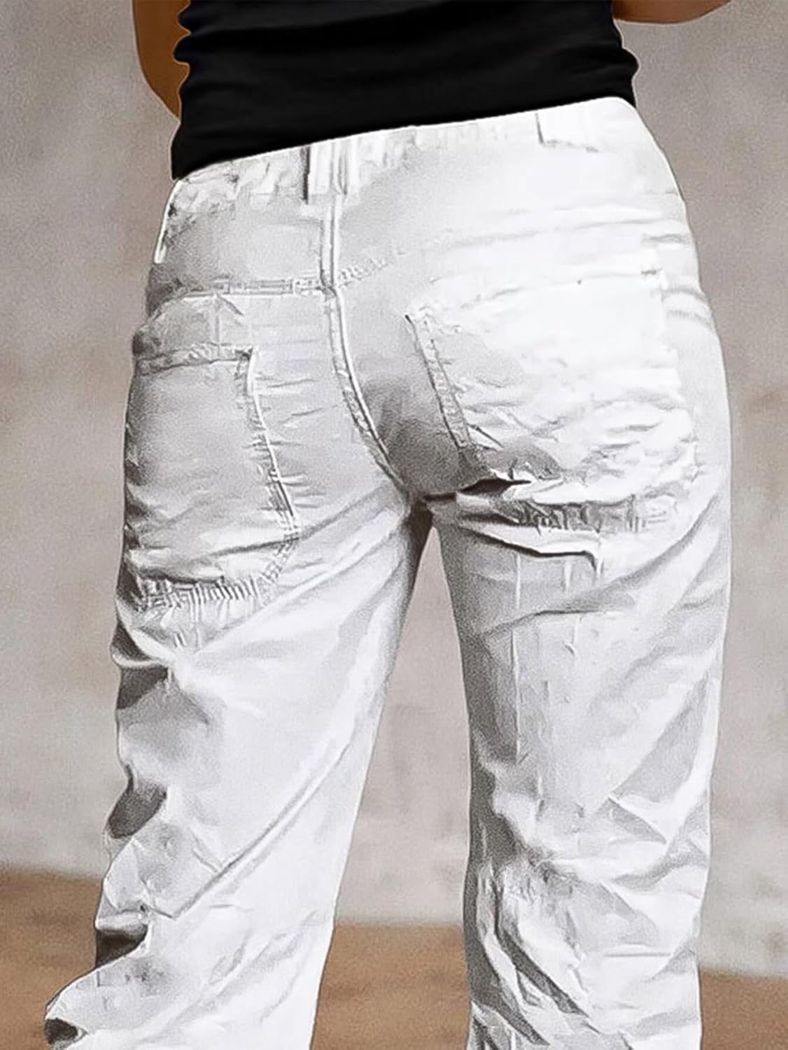 Flamingals Straight Leg Pants for Women Mid Rise Casual Front Patch Pocket Design Solid Seam Pants - Image 4