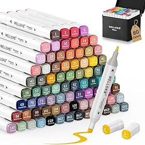 WELLOKB Alcohol Markers Set, 80 colors Alcohol Based Dual Tip, Brush and Fine Tip for Adult Coloring Books, Drawing, Sketching