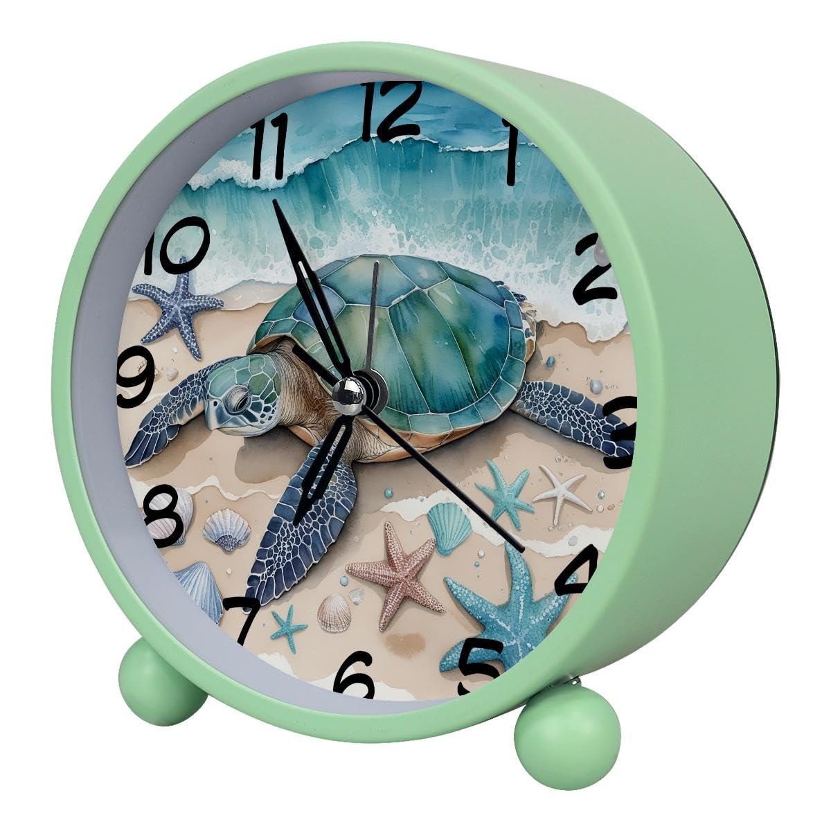 Luoweisi Analog Alarm Clock Beach Turtle Starfish, Silent Non-Ticking with Night Light, Battery Operated, Round Desk Alarm Clock for Office, Bedroom, Elderly, Adults, Children, Student Gifts