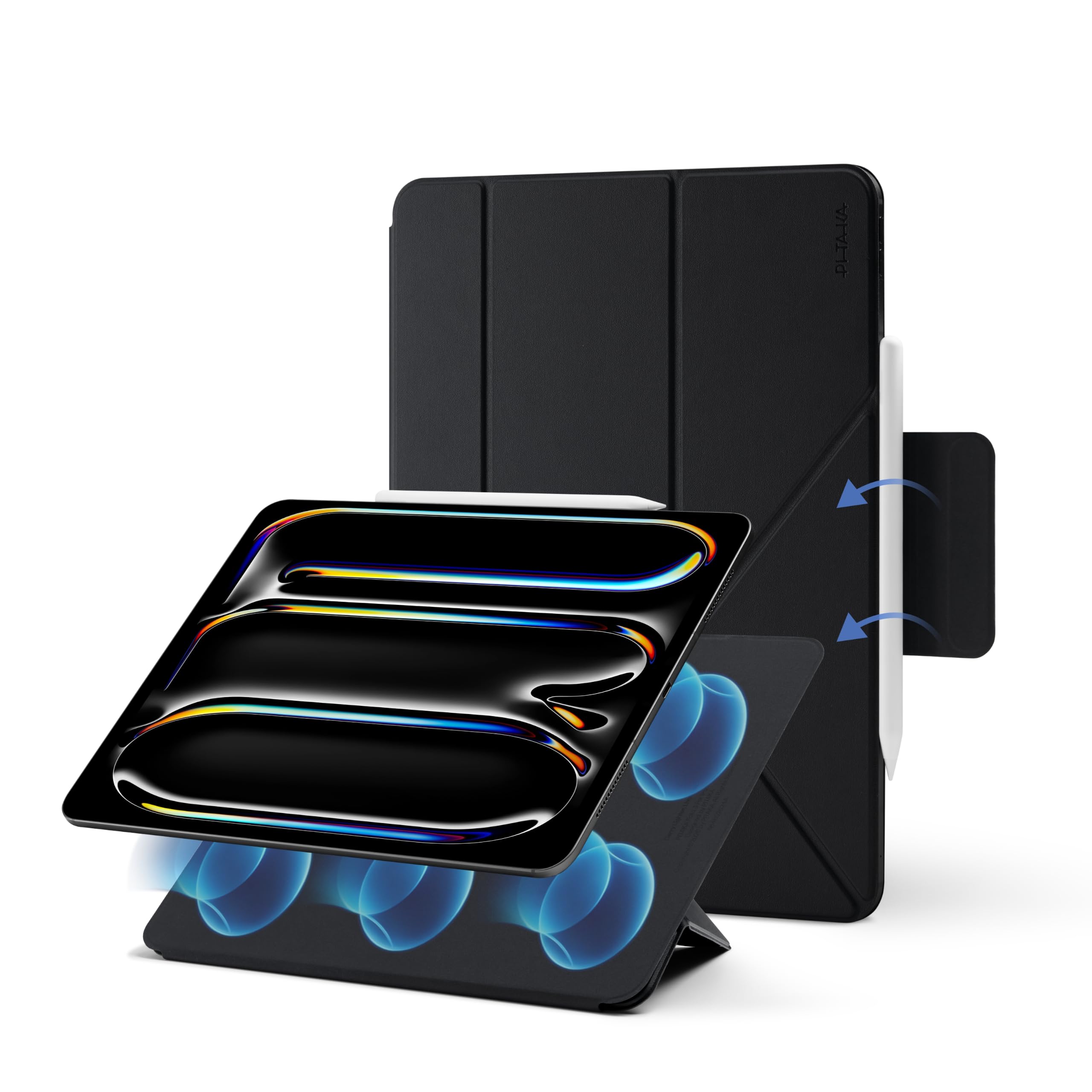 pitaka Hülle für iPad Pro 13 M5/M4 mit Standfunktion Folio 3 Schwarz | Ultraleichte Business Hülle für iPad Pro 13 2025/2024 5-Wege Magnetständer mit Stifthalter für Zeichnen PU Leder