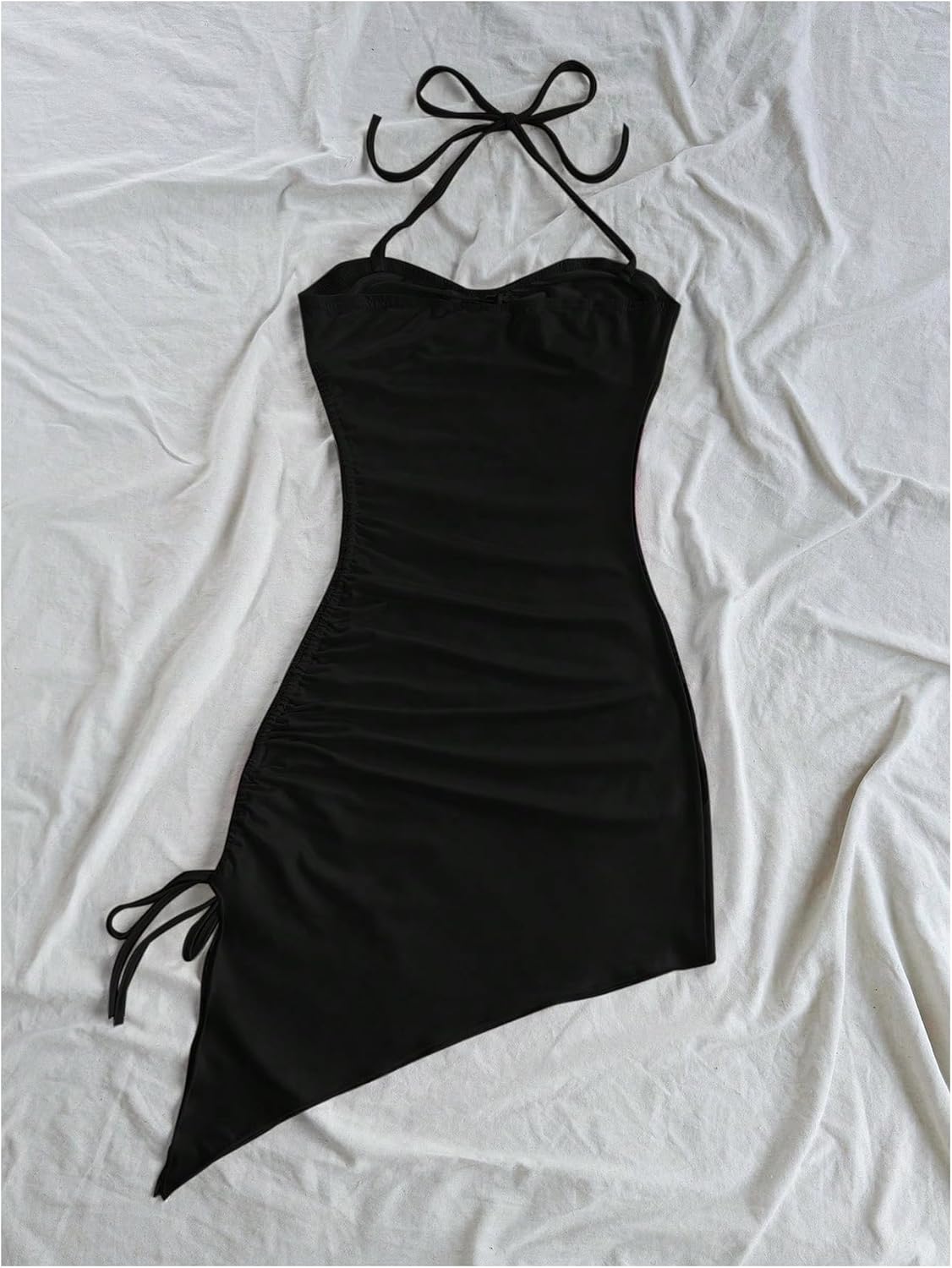 Milumia Women's Floral Halter Mini Dress Tie Backless Drawstring Asymmetrical Hem Short Dresses Black X-Large - Image 3