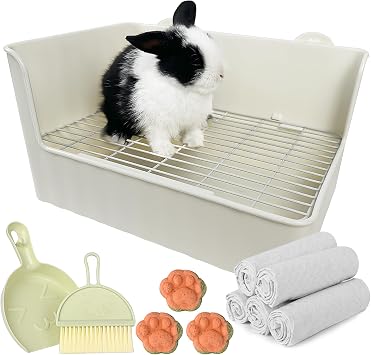 Large Rabbit Litter Box Bunny Potty Training Corner Litter Pan with Liners Rabbit Pee Pads, Small Animal Bedding Toilet for Guinea Pig, Ferret, Hamster, Bunnies White