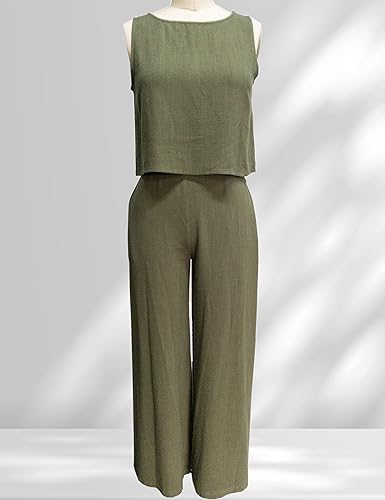 Miniatura 4 de InterNos Conjunto de 2 piezas de verano para mujer, sin mangas, con botones en la espalda, pantalones cortos de pierna ancha, conjunto de lino