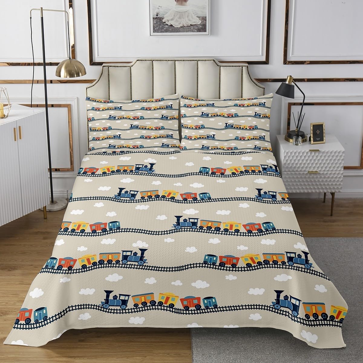 Erosebridal Kids Locomotive Train Quilt Set King,Cute Steam Engine Truck Bedspreads for Boys Girls Blue White Clouds Bedding Sets Railway Car Vehicles Coverlet Set with 2 Pillowcases