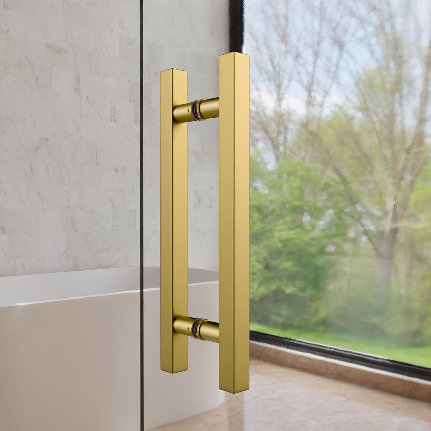 BRIXWELL Square Ladder Pull Back-to-Back Handle Stainless Steel Material, Satin Brass Finish, 10" Length, 6" Mounting Center, 3/4" Diameter, Fits 5/16" to 1/2" Glass Panels