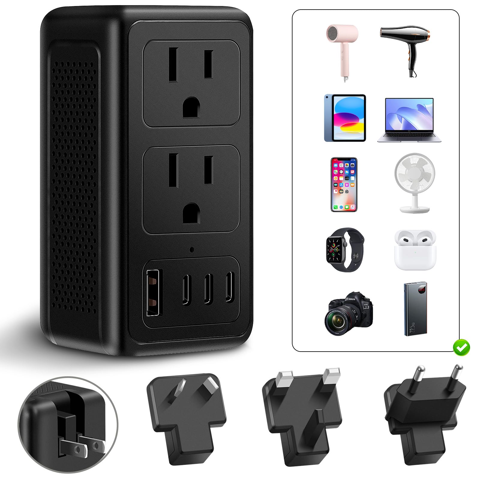 Upgraded 2000W 220V to 110V Voltage Converter US to Europe, Power Converter European Travel Converter for Hair Dryer, Power Converter Adapter Combo with 1 USB A 3 Type C for 160 Countries (3C1U)