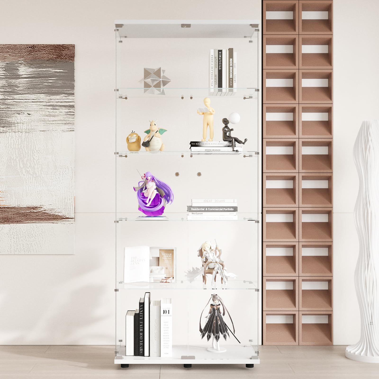 FANYUSHOW Glass Display Cabinet with Double Doors and Lock, Quick-Install Style 5-Shelf Curio Cabinet 5mm Tempered Glass Floor Standing Bookshelf for Living Room, Bedroom, 75" H x 32''L x 15''W, White