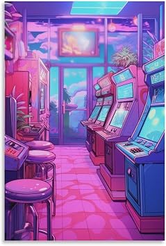 josnmre 80s Anime Gaming Retrowave Neon Synthwave Aesthetic Poster Frame Hanger Posters Canvas Decorative Hanging Painting Wall Art Decor Room 12x18inch30x45cm