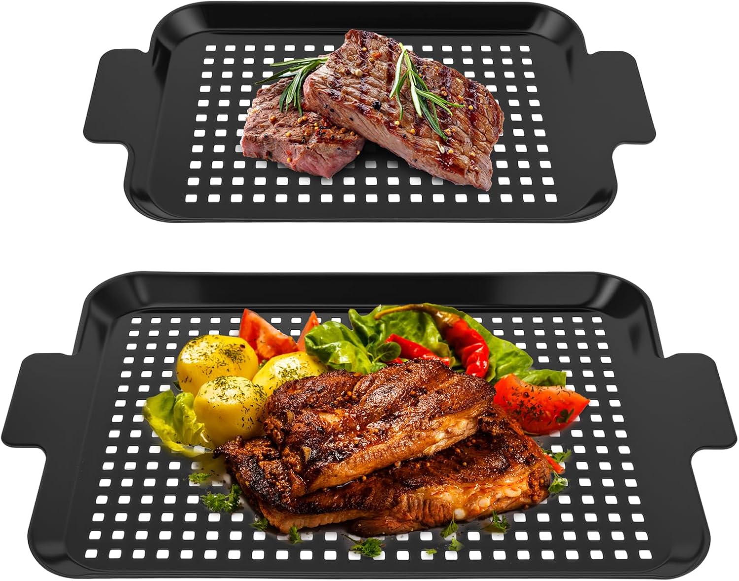 2 Pack Grill Topper Pan Kit, Solid and Versatile Barbecue Grilling Basket, Grill Pans for Outdoor Grill, Easy to Clean Stainless Steel BBQ Grill Tray Set for Camping