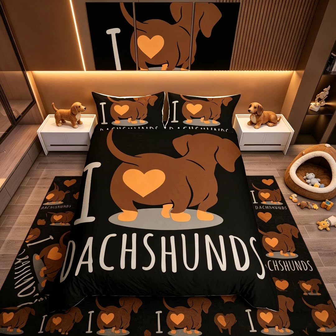 Homemissing Dachshund Sausage Duvet Cover Cartoon Puppy Dog Bedding Set - Kids Boys Toddler Weiner Comforter - King Size, Black