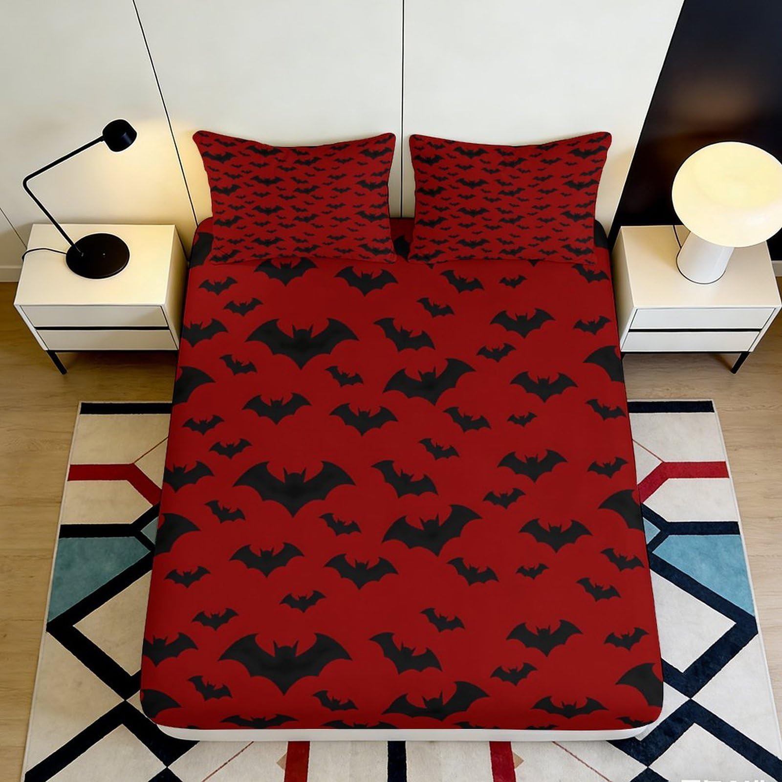 3D Printed Bat Pattern Fitted Sheet Microfiber Deep Pocket Non-Slip Full Wrap Bedroom Mattress Fitted Cover 200x200x25cm