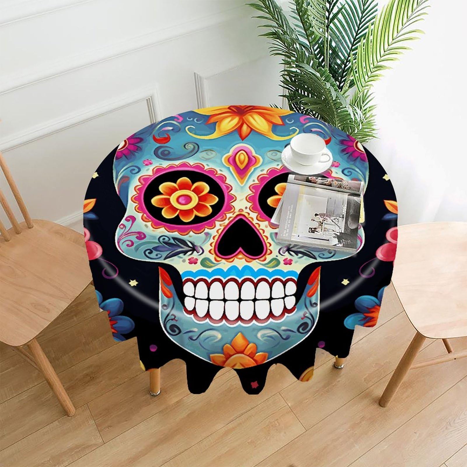 FodPand Sugar Skulls Round Tablecloth - 60 Inch Premium Polyester Table Cloth, Fashion Wrinkle Resistant Decorative Table Cover for Dining Kitchen Party Buffet Tables