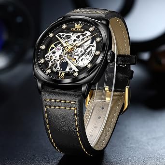 OUPINKE Mens Automatic Watch Skeleton Mechanical Self Winding Luxury Chronograph Calendar Luminous Watch for Men 50M Waterproof Sapphire Crystal