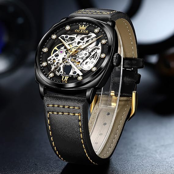 OUPINKE Mens Automatic Watch Skeleton Mechanical Self Winding Luxury Chronograph Calendar Luminous Watch for Men 50M Waterproof Sapphire Crystal