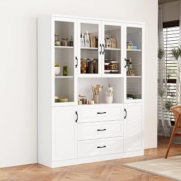 78 Kitchen Pantry with 4 Glass Doors, Kitchen Hutch Storage Cabinet with 3 Drawers & Shelves, Modern White Pantry Cupboard, forLiving Room, 15.7D x 63W x 78.7H