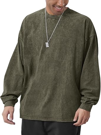 Mens Vintage Washed Long Sleeve T-Shirt Casual Cotton Crew Neck Tee