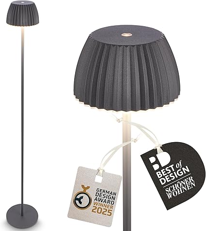 Briloner BRILONER - Riffle LED vloerlamp snoerloos IP44 met touch, 19x124 cm, dimbaar, memory-functie, oplaadbare batterij, oplaadbare vloerlamp, leeslamp, German Design Award Winner 2025, antraciet