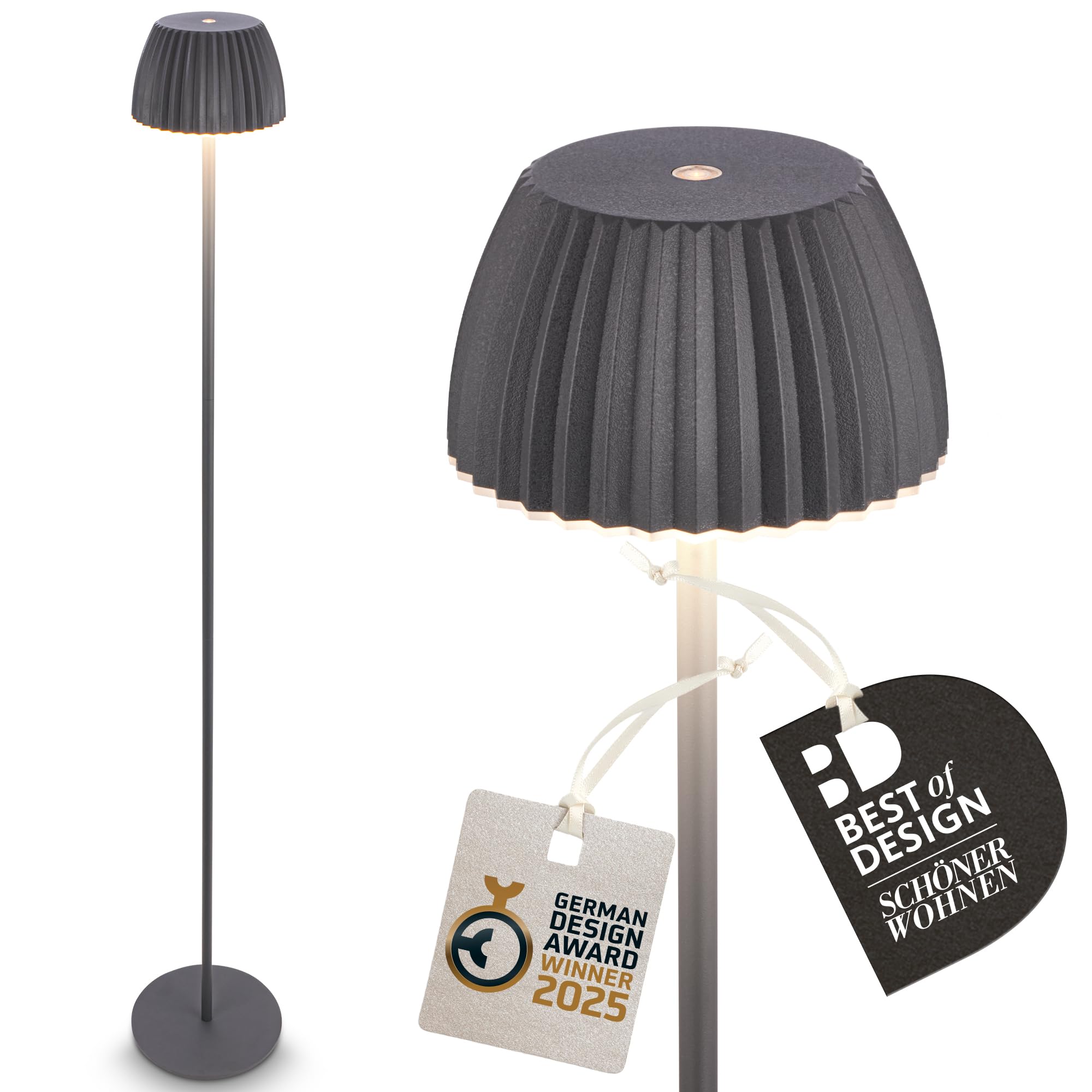 BRILONER - Lampara de Pie LED sin Cable IP44 Táctil, 19x124 cm, Regulable, Función Memoria, Batería Recargable, Lampara de Pie Salon Recargable, Luz Lectura, German design Award Winner 2025, Antracita