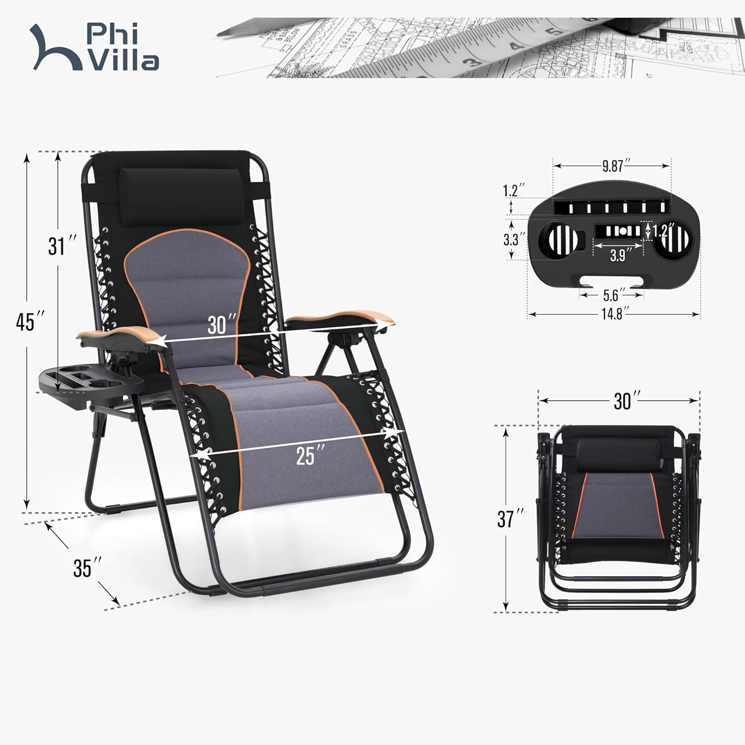 PHI VILLA XXL Oversized Padded Zero Gravity Chair, Foldable Patio Recliner, 30" Wide Seat Anti Gravity Lounger with Cup Holder, Support 400 LBS (Black & Orange Accents)