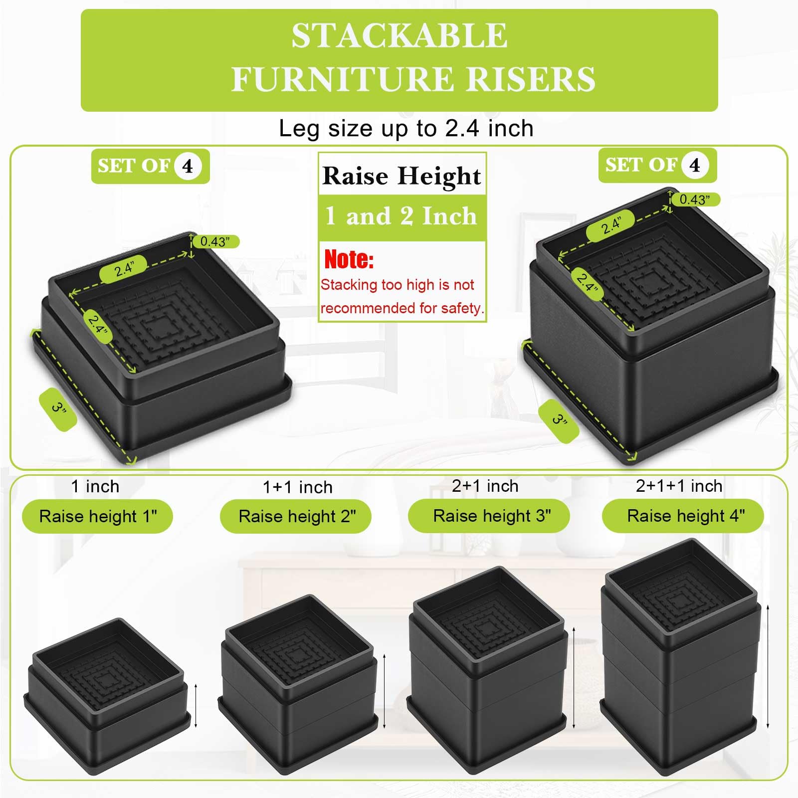 Paquete de 4 elevadores de muebles de 3 pulgadas, elevadores de cama ajustables resistentes para mesa, escritorio, silla, sofá, armario, cama, dormitorio, elevadores cuadrados apilables para