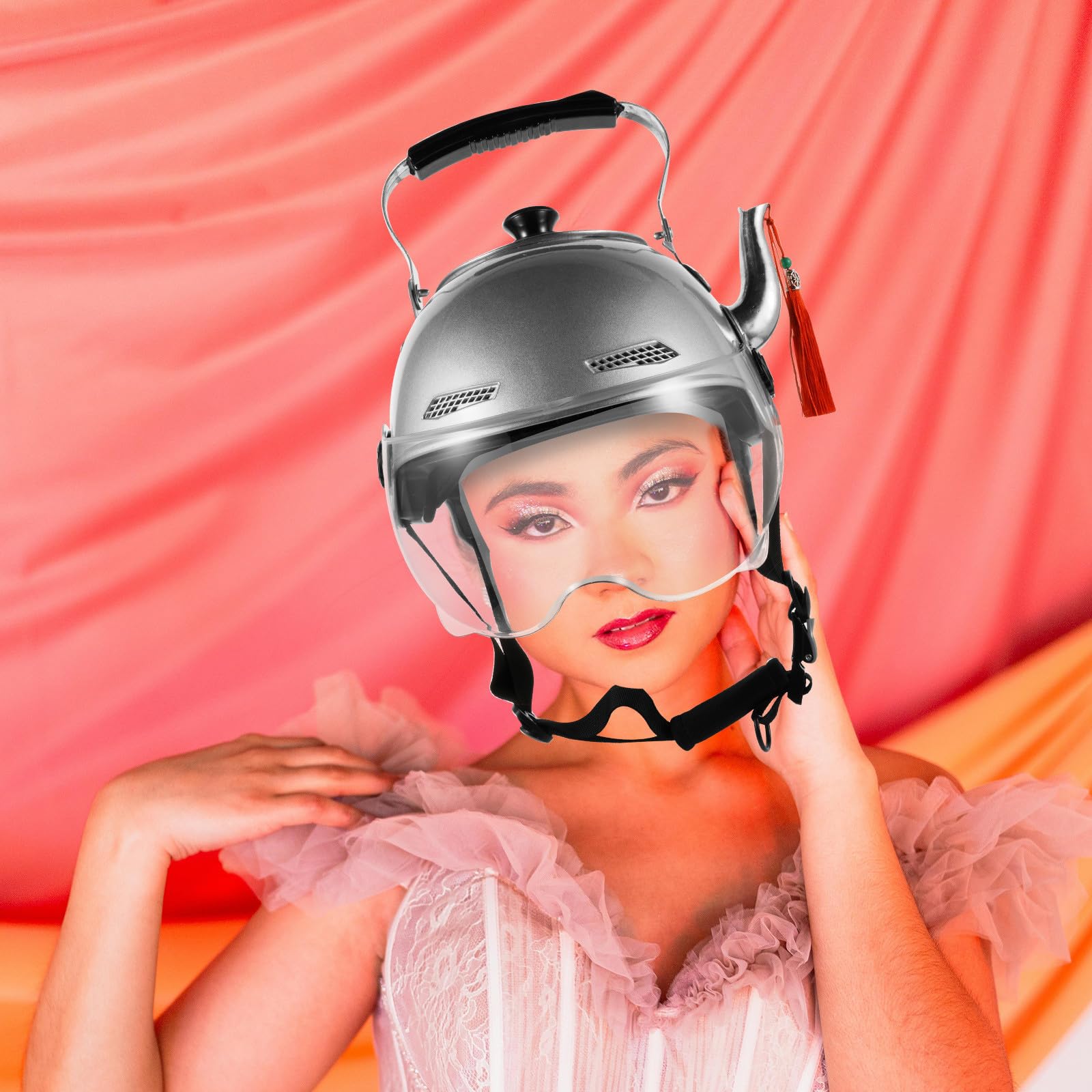 GALPADA Sombrero Divertido Forma de Tetera para Adultos, Casco Creativo de Abs y Acero Inoxidable, Accesorio Fotográfico para Creadores de Contenido y Festivales de Música